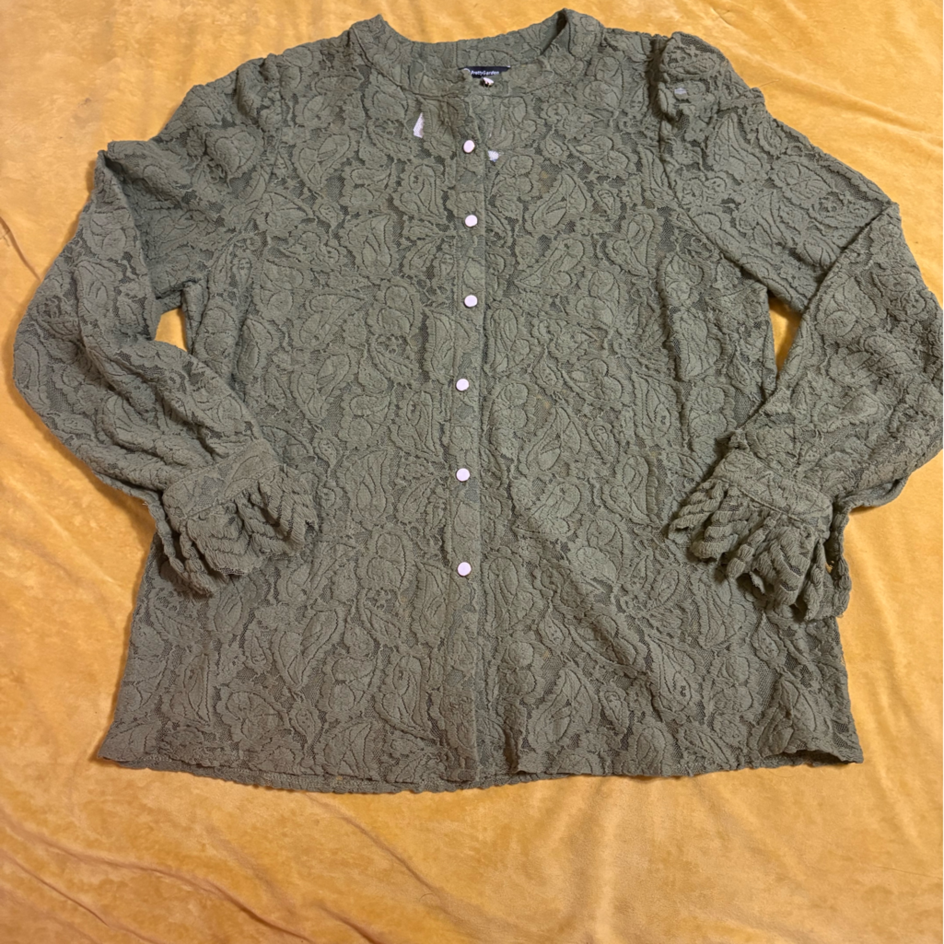 Green Lace Button-Up Blouse By Pretty Garden Size Large Nwt